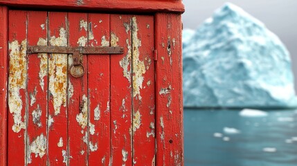 Red weathered door, iceberg background, arctic, travel