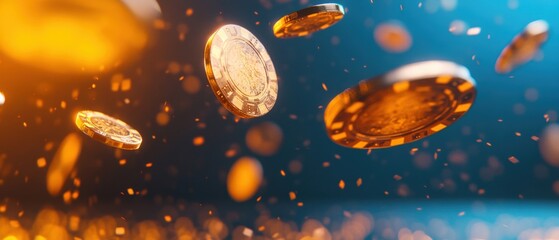 gold coins falling through the air with a blurred background