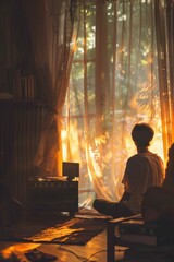 Fototapeta premium Nostalgic Vinyl Spin in Cozy Room with Ambient Lighting for Music Lovers