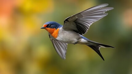 Red-rumped swallow in flight, blurred floral background, nature photography, website banner