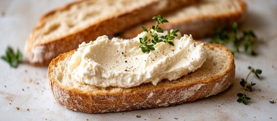 Creamy spread on rustic bread slice garnished with herbs, set against a neutral backdrop