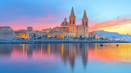 Obraz premium Sunset view of Sicilian coastal city and cathedral