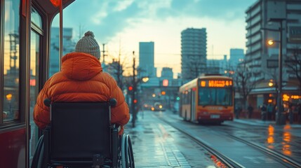 Wheelchair user boarding accessible city bus under clear blue sky