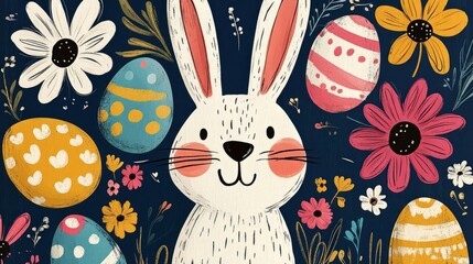 fine art illustration  of a bunny with Easter eggs among spring flowers.Vibrant color and dark blue background with texture, Artistic Easter and springtime concept for greeting card and poster design
