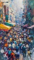 Vibrant Urban Market: Dynamic Oil Painting Depicting Busy City Life for Art Prints