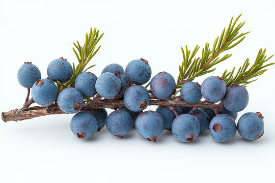 a branch with blue berries and a coniferous plant on a white background