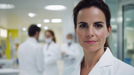 Fototapeta premium A confident female doctor stands in a hospital environment, exuding professionalism and care.