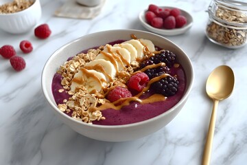 Açaí Bowl with Toppings: A vibrant and healthy açaí bowl topped with fresh raspberries, blackberries, sliced bananas, peanut butter drizzle, and granola.  