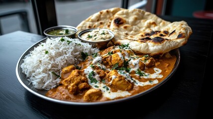Plate of indian food, specifically chicken tikka masala, with a side of white rice. the plate is silver and is placed on a black table.
