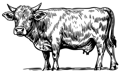 Artistic Cartoon Cow Line Art High-Quality Monochrome Design, Sketch, No Background 