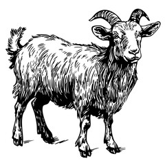 Artistic Cartoon Goat Line Art High-Quality Monochrome Design, Sketch, No Background 