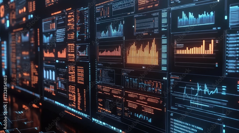 Aufkleber Digital Data Wall Displays Multiple Financial Charts And Graphs