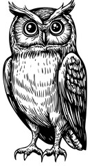 Artistic Cartoon Owl Line Art, High-Quality Monochrome Design, Sketch, No Background 