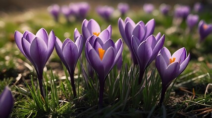 Spring flowers in the wild nature Crocus in spring time, Vibrant Spring Crocus Flowers Blooming in Lush Green Field Under the Sun