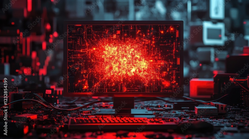 Poster Red glowing digital circuitry displayed on computer screen