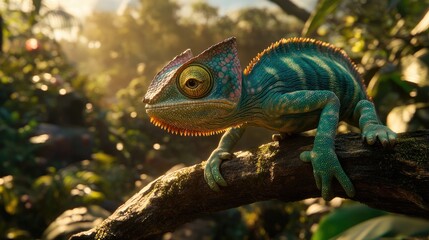 Obraz premium A vibrant chameleon rests on a mossy branch in sunlight