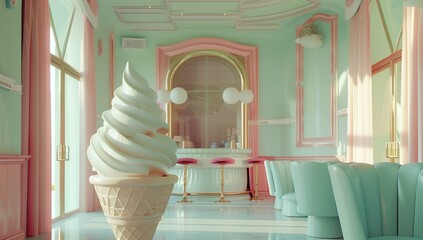 A photorealistic rendering of an interior design for an ice cream parlor, featuring pastel colors and white ice cream-shaped sofas.