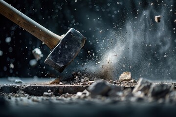 Dramatic Sledgehammer Impact: Breaking Concrete in Mid-Swing for Construction and Demolition Themes