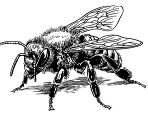 Black-and-White Bee Precision and Detail in Illustration, Sketch, No Background 