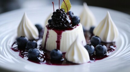 Creamy dessert with berry sauce and meringue.