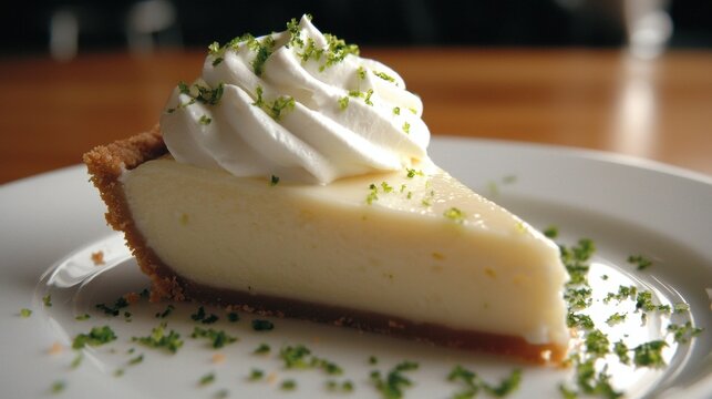 Slice of cheesecake on a white plate. the cheesecake has a golden brown crust and is topped with a generous dollop of whipped cream and garnished with chopped green herbs.
