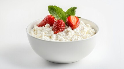 A simple bowl of plain cottage cheese topped with a few fresh strawberries, served in a minimalist white ceramic bowl, Cottage cheese centered