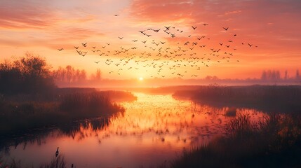 Obraz premium Aerial view of migratory birds over wetlands at sunrise for wildlife conservation – Generative AI