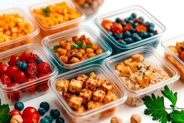 Meal Prep for Healthy Lifestyle:  A visual feast of colorful,  deliciously prepped meals, portioned into clear containers, ready to be enjoyed - a healthy lifestyle in a nutshell.  