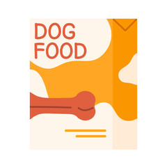 Dry dog ​​food in package. Pet feed. Healthy canine nutrition. Vector illustration in cartoon style. Isolated white background
