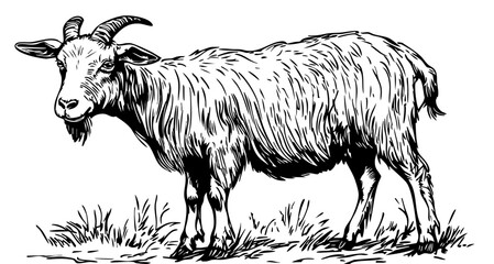 Black-and-White Cartoon Goat Precision and Detail in Illustration, Sketch, No Background 