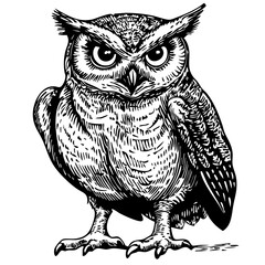 Black-and-White Cartoon Owl, Precision and Detail in Illustration, Sketch, No Background 