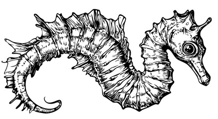 Black-and-White Seahorse Precision and Detail in Illustration, Sketch, No Background 