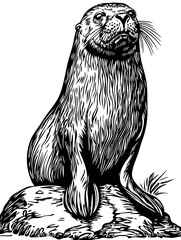 Black-and-White Seal Precision and Detail in Illustration, Sketch, No Background 