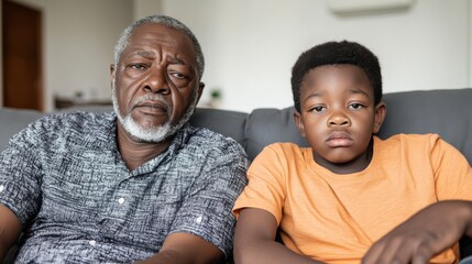 Obraz premium A mature father and his young son share a quiet moment on the sofa, exuding warmth and a deep familial bond in a cozy indoor setting.
