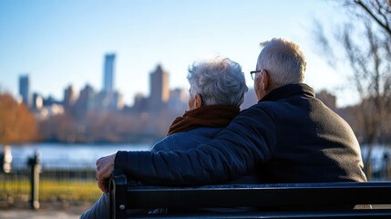 Elderly couple park bench city view