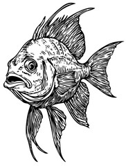 Black-and-White Tropical Fish Precision and Detail in Illustration, Sketch, No Background 