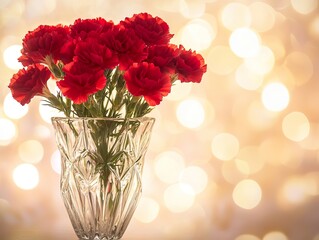 Obraz premium A crystal vase filled with fiery red carnations, glowing against a blurred background of soft, warm bokeh lights.