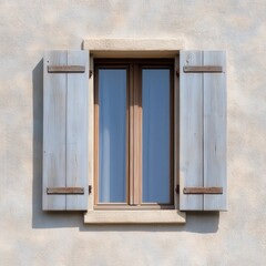window with blue shutters on a stucco wall