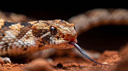 Venomous snake tasting air, red soil, dark background, wildlife photography