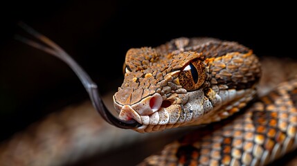 Venomous snake tasting air, rainforest night, close-up