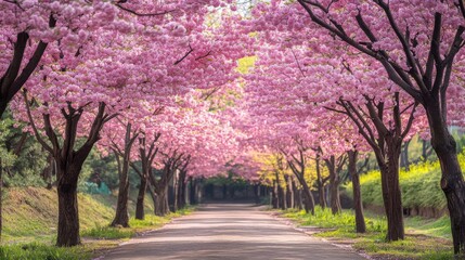 Beautiful cherry blossom trees in bloom, perfect for spring-themed designs.