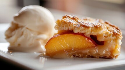 Slice of peach pie on a white plate with a scoop of vanilla ice cream on the side. the pie has a golden brown crust on top and a juicy peach slice in the center.