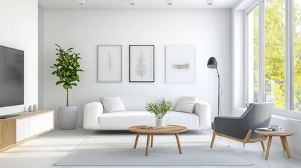 Fototapeta premium Clean, modern living room with white walls and minimalist Scandinavian design elements.