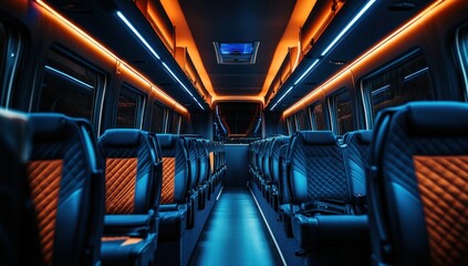 Luxury Bus Interior at Night: Modern Design and Comfortable Seating