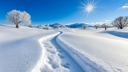 Obraz premium Snowy path winding through frosted trees towards mountains under bright sun