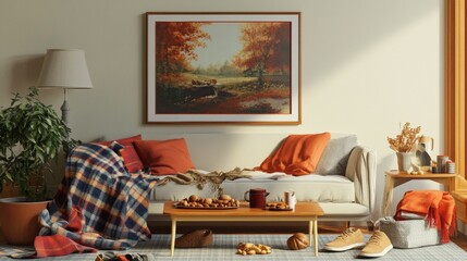 Cozy living room with a poster frame, painting, sofa, coffee table, slippers, nuts, plaid, pillow, and personal items. It's a home decor template.
