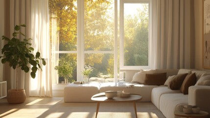Fototapeta premium Cozy living room with warm morning sunlight streaming through a large window, creating a soft, dreamy atmosphere. Neutral tones and bright accents set a serene and inviting ambiance.