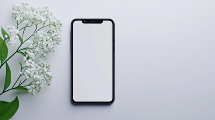 smartphone mockup with blank white screen and small white flowers on a light gray background