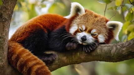 Fototapeta premium Red pandas are cute animals that live in the forests of the Himalayas. They look like a mix of a fox and a cat, with reddish-brown fur, bushy tails, and adorable masked faces.