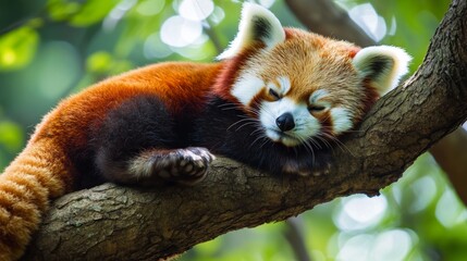 Obraz premium Red pandas are cute animals that live in the forests of the Himalayas. They look like a mix of a fox and a cat, with reddish-brown fur, bushy tails, and adorable masked faces.